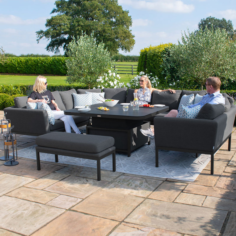 Dasara Outdoor Fabric U Shape Corner Dining Set - with Rising Table, Charcoal, Black
