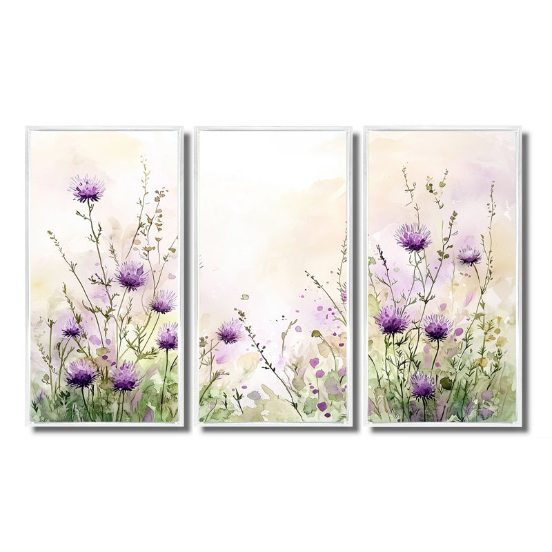«Thistle Blooming In The Meadows III - Thistle», ensemble de reproduction d'art mural, H 28 po x l 36 po, Blanc