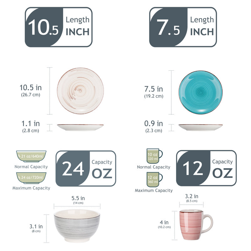 BELLOAER 16 Piece Dinnerware Set, Service for 4, Blue/Grey/White
