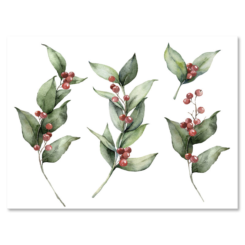 Ensemble de Noël avec branches et Berrie rouge - Peinture sur toile, H 16 po x l 32 po x p 1 po, Toile tendue