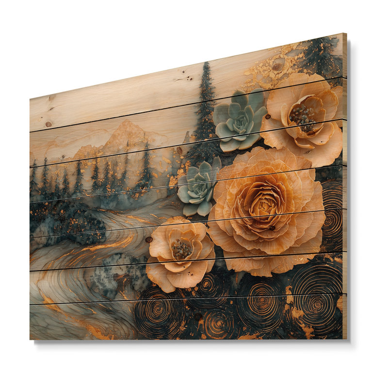 Fleurs en bois succulentes dans la rivière II - Art mural en bois succulent - sur bois de pin naturel