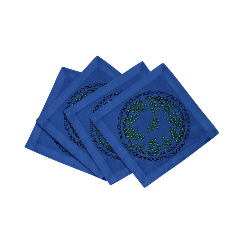 Christmas Berries Cotton Sateen Cocktail Napkins, Green Blue
