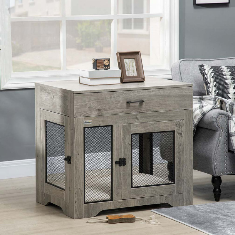 Table de bout pour chien avec tiroir, petits chiens d'intérieur avec 2 portes, Gris