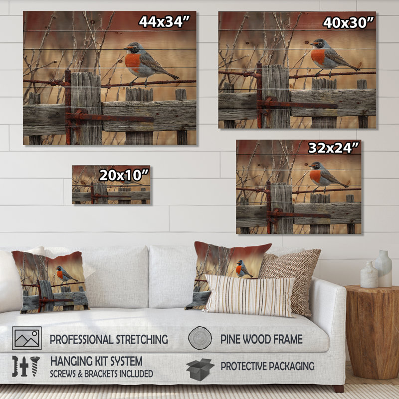 Robin des bois à la ferme - Décoration murale en bois d'oiseau - sur bois de pin naturel, H 24 po x l 32 po