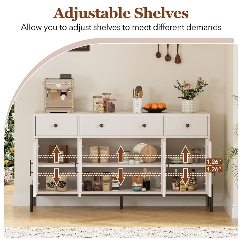 62" Large Sideboard Buffet Cabinet with 3 Drawers &4 Glass Doors, White