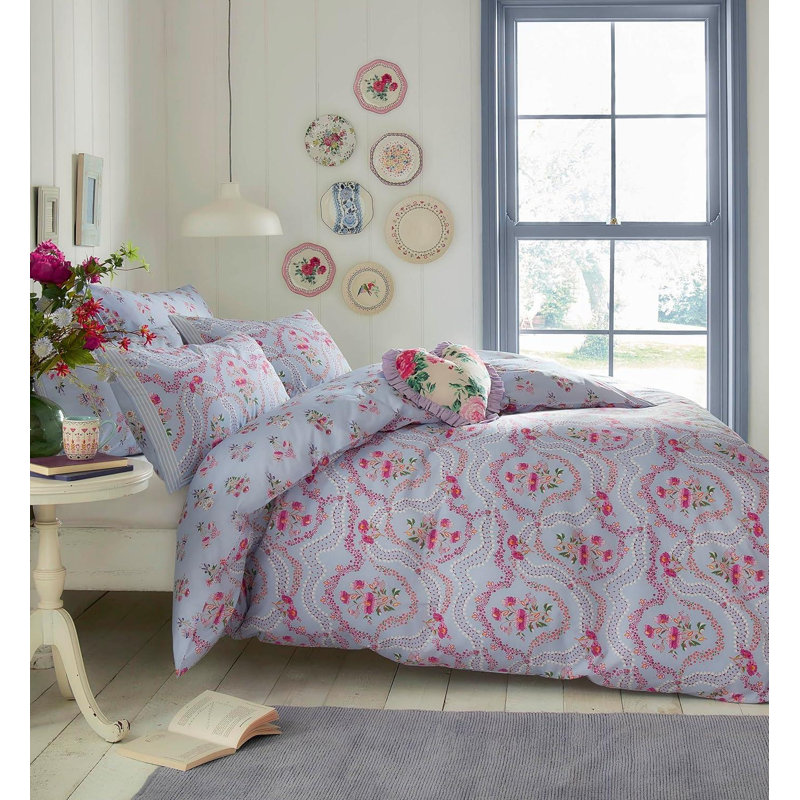 Cath Kidston Affinity Floral Duvet Cover Set Sky Blue Super King Bedding Set, Super King - 2 Standard Pillowcase