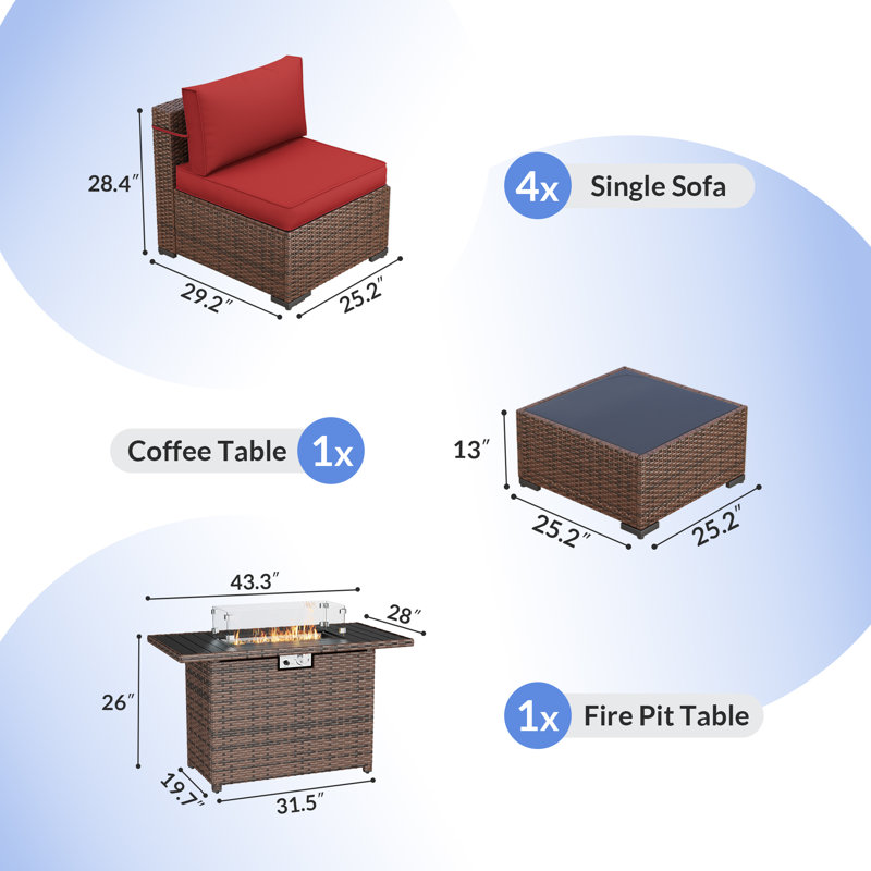 Rikuto 4-Person Conversation Sets With Supportive Back Cushions, Fire Pit Table, Coffee Table, Burgundy