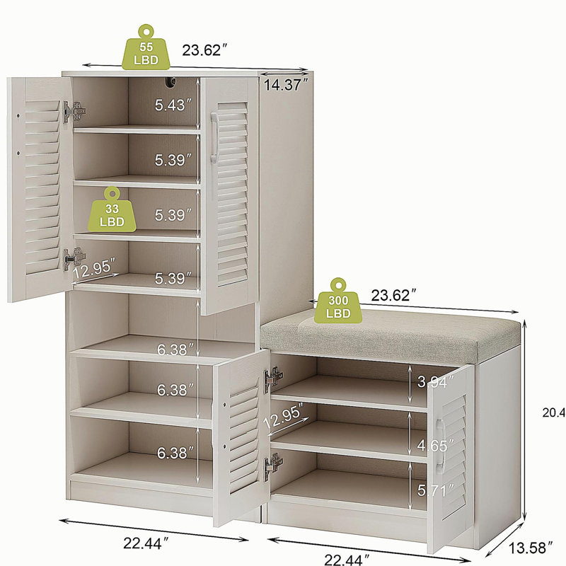 Armoire de rangement pour chaussures multifonctionnelle avec banc et compartiment de rangement 7 + 3, planche à couches réglable, banc à chaussures avec coussin