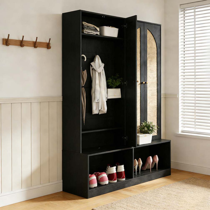 Hall Tree with 4 Rattan Doors, Versatile 4-In-1 Seating Bench with 6 Hooks, Black