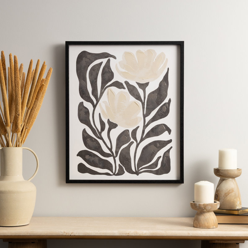 Cole et toile grise, art mural de salon blanc avec tiges et feuilles noires, H 24 po x l 20 po