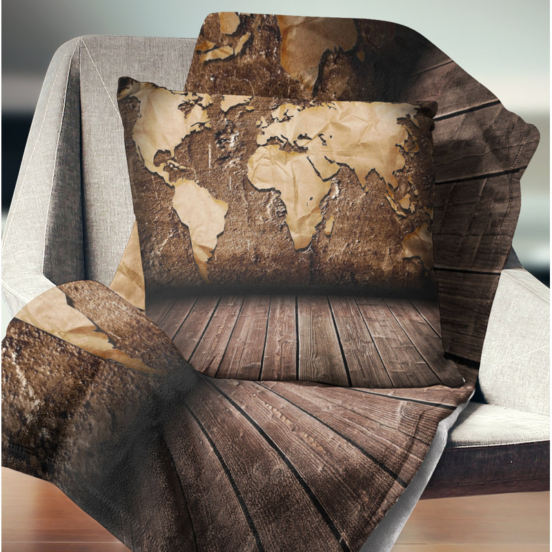 Carte rétro avec plancher en bois - Coussin décoratif imprimé de cartes et de drapeaux, 16 po x 1 po, Carré
