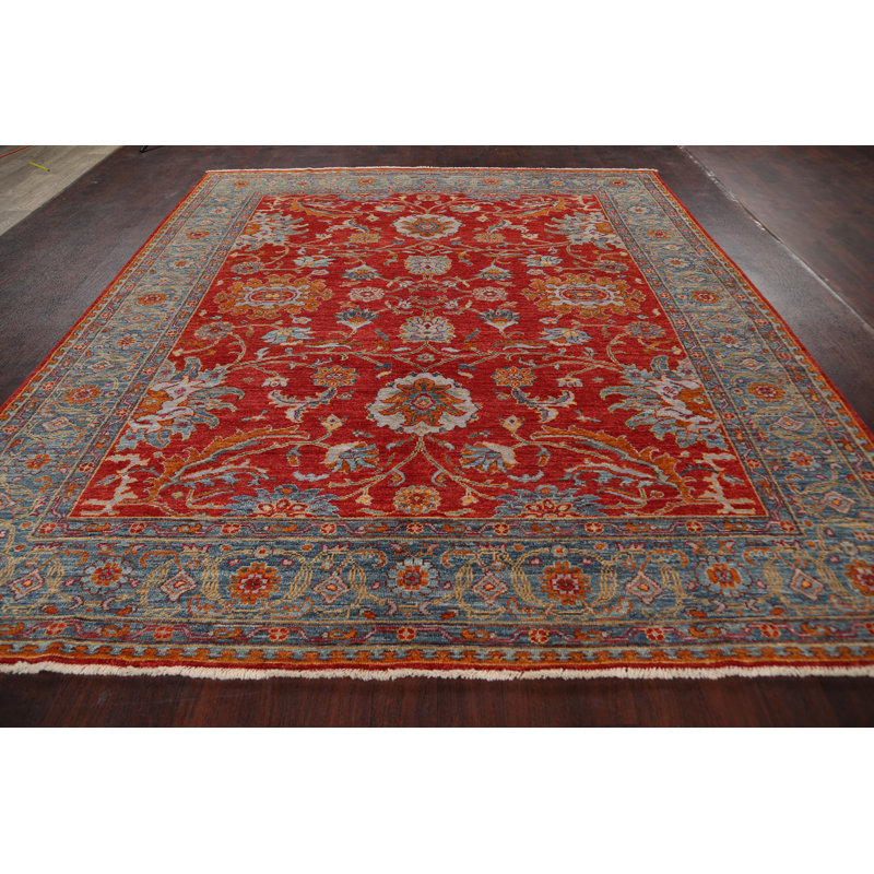 Tapis décoratif en laine de conception unique noué à la main New Age Oushak rouge/vert 8 pi 7 po x 10 pi 3 po New Age