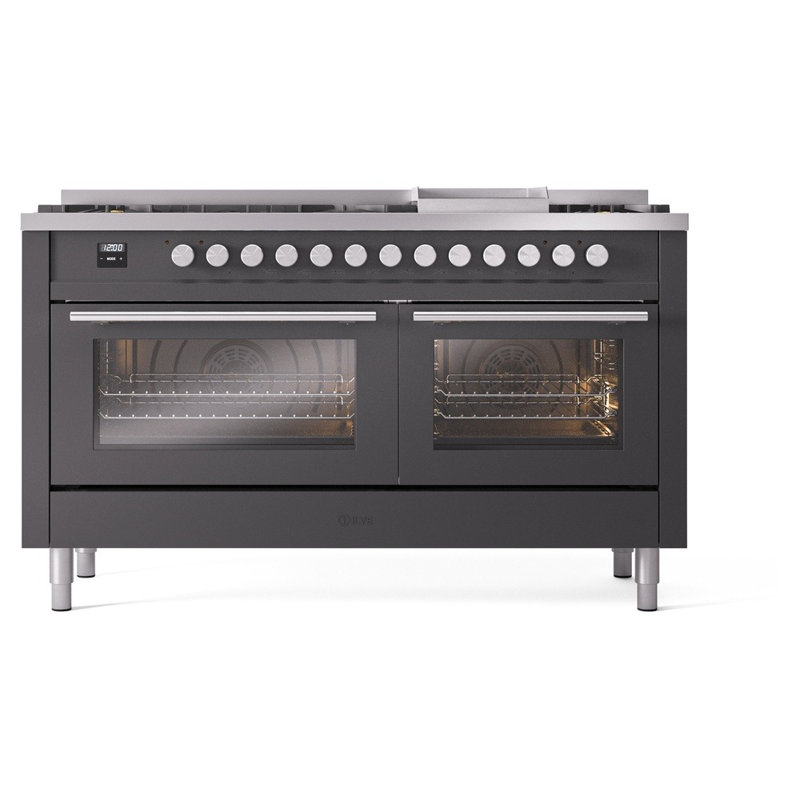 Cuisinière à double combustible ILVE Professional Plus II 60, 9 brûleurs scellés, plaque chauffante (graphite mat)