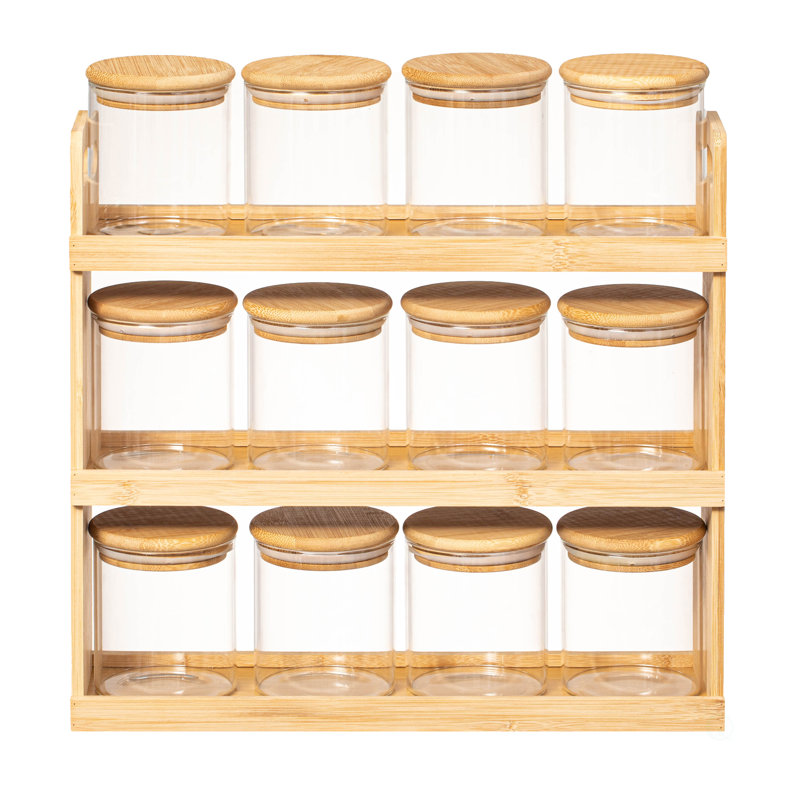 Versatile 3-tier Bamboo Spice Rack And Pantry Organizer With 12 Glass Jars - Perfect For Countertop Storage In Kitchens To Keep Seasoning Containers Neatly Displayed And Easily Accessible