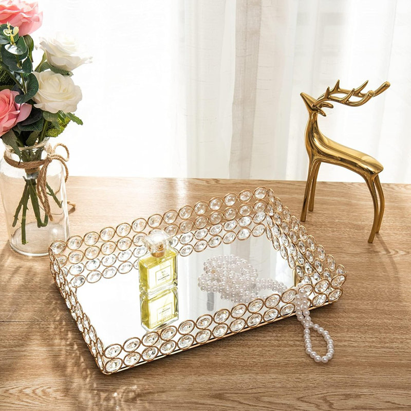 Plateau de coiffeuse en cristal miroitant, bijoux ornés et organisateur de cosmétiques pour les parfums, les soins de la peau et la décoration intérieure