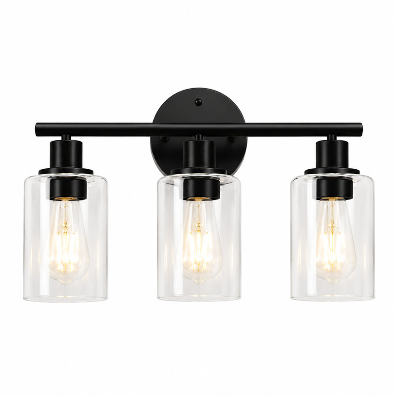 Éclairage pour meuble-lavabo moderne noir 17,23 po avec abat-jour en verre transparent