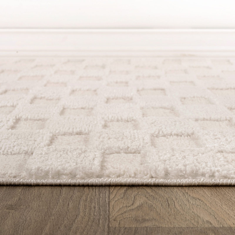 Tapis d'intérieur à damier blanc perle tissé à la machine, doux et moelleux, à hauteur variable., Blanc, 7 pi 10 po x 10 pi