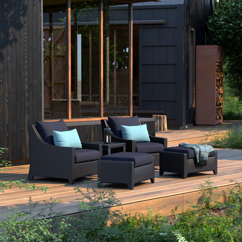 Mifflin 5 Piece Rattan Multiple Chairs Seating Group with Cushions, Navy Blue Olefin