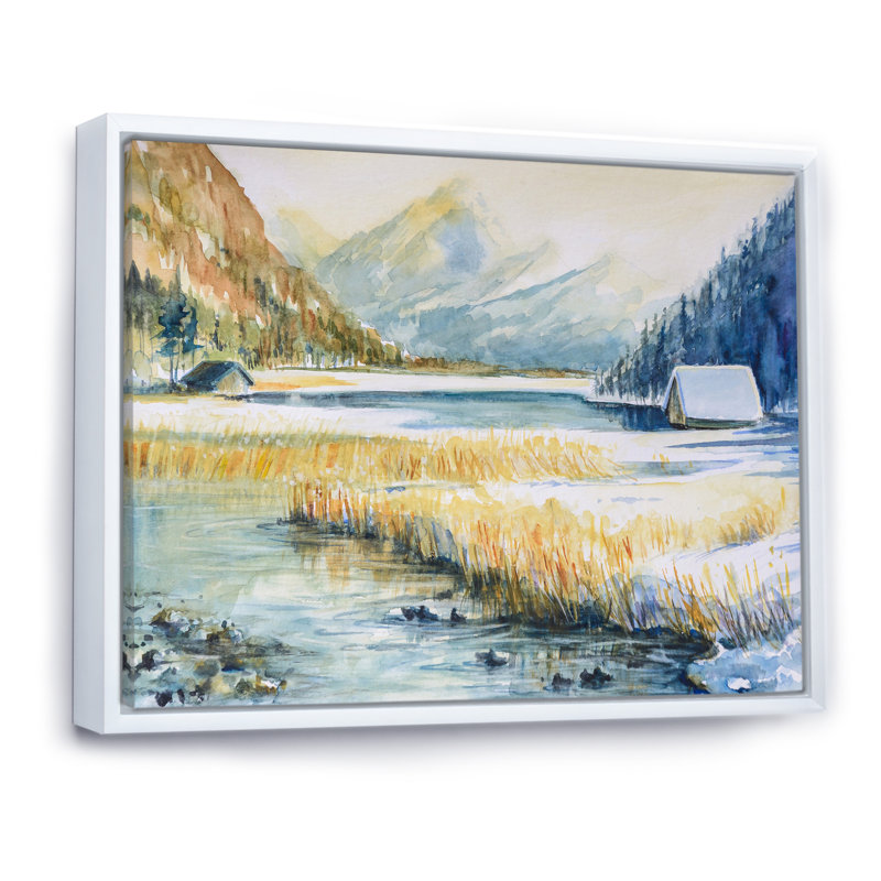 Paysage avec montagne bleue et rivière - Peinture sur toile, H 12 po x l 20 po x P 1 po, Cadre flottant blanc