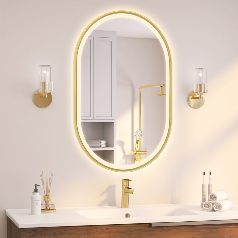 Miroir doré à DEL doré, luminosité réglable, antibuée, contrôle tactile, à brancher