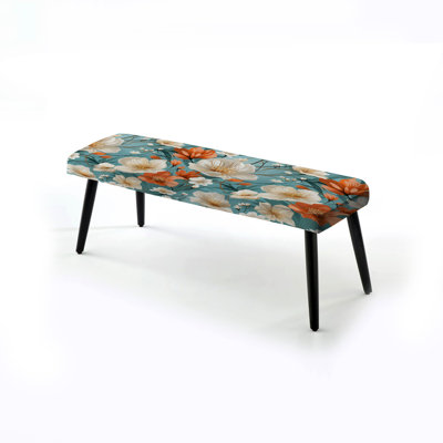 Ivory & Orange Coastal Blossoms Floral Pattern - Floral Upholstered Black Bench