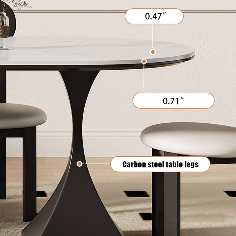 Table de salle à manger blanche et noire en pierre frittée ovale et en acier au carbone, H 29,53 po x L 63 po x l 31,5 po