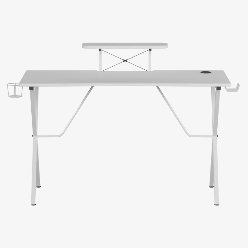 Bureau de jeu avec porte-gobelet, crochet pour casque d'écoute et support pour écran / téléphone intelligent, Blanc