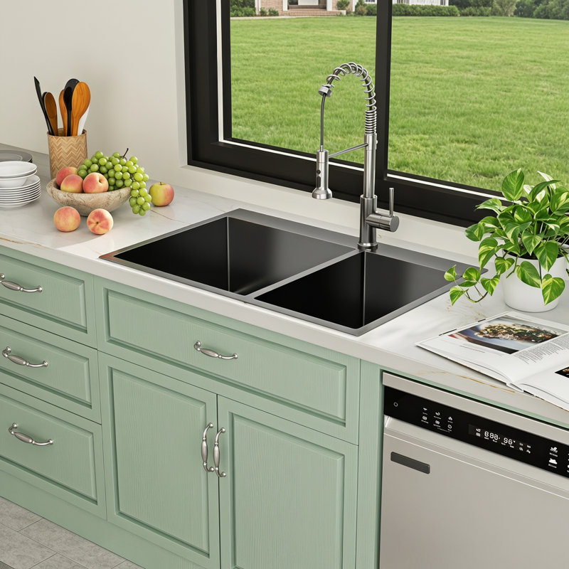 33" L x 22" W Drop-in Double Bowl 60/40 Kitchen Sink Gunmetal Black 16 Gauge Stainless Steel Sink