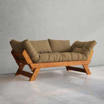 Convertible Pine Wood 2-Seat Outdoor Sofa With Waterproof Linen Cushions