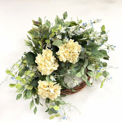 24" Artificial Farmhouse Half Ring Spring Summer Greenery Ivy Eucalyptus Hydrangea Floral Wreath For Front Door