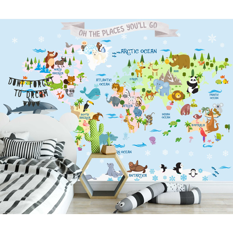 Papier peint amovible Animaux sur la carte du monde, L 35,04 po x l 55 po