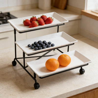 3-Tier Porcelain Serving Tray Set With Collapsible Stand - Sturdy Tiered Food Display Platters For Party Entertaining, Desserts, Fruits & Appetizers