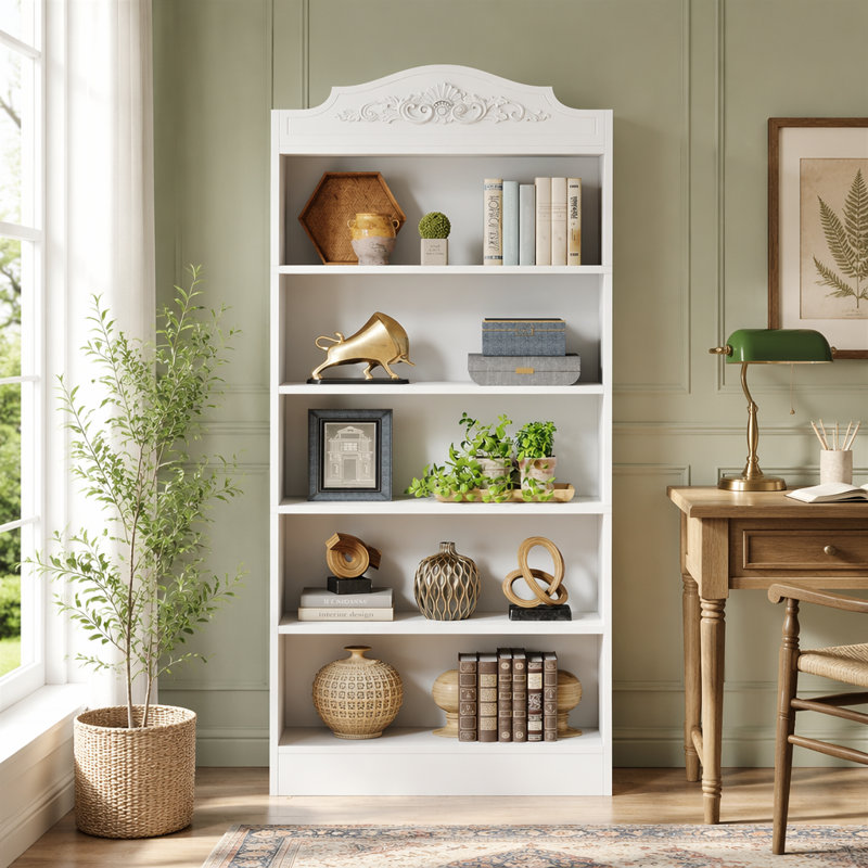 Five Tier Freestanding Bookcase with Relief Pattern for Organized Home Storage Display