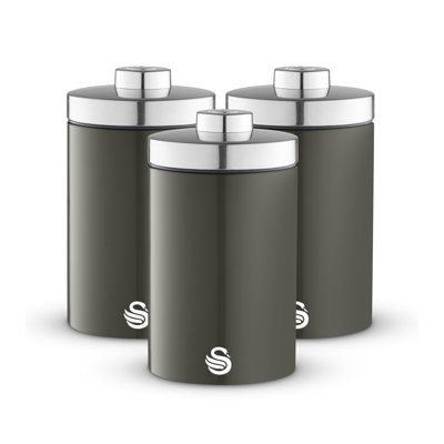 Swan Townhouse Set of 3 Kitchen Storage Canisters for Tea, Coffee, and Sugar with Pull Chrome Handles, Airtight Lids, Colour Coated Iron and Chrome Accents, 1.6L