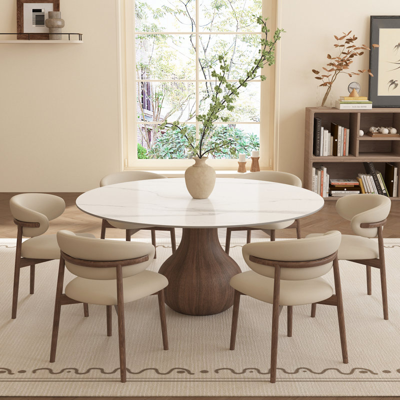 Table de salle à manger à piédestal en bois massif avec faux marbre pour 4/6/8/10 sièges, Blanc, Noyer foncé