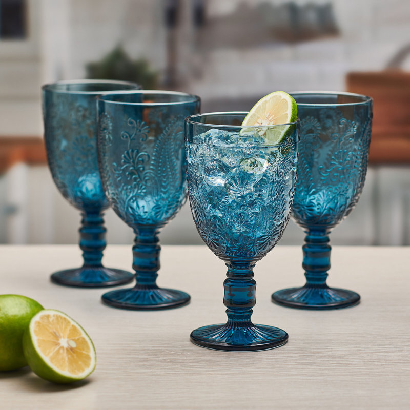 Set of Four Blue Embossed Glass Goblet with Paisley Floral Motif