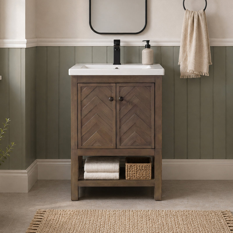 Meuble-lavabo simple 24 po avec plateau en céramique Chazden, Brun cacao, Cuivre antique, Blanc