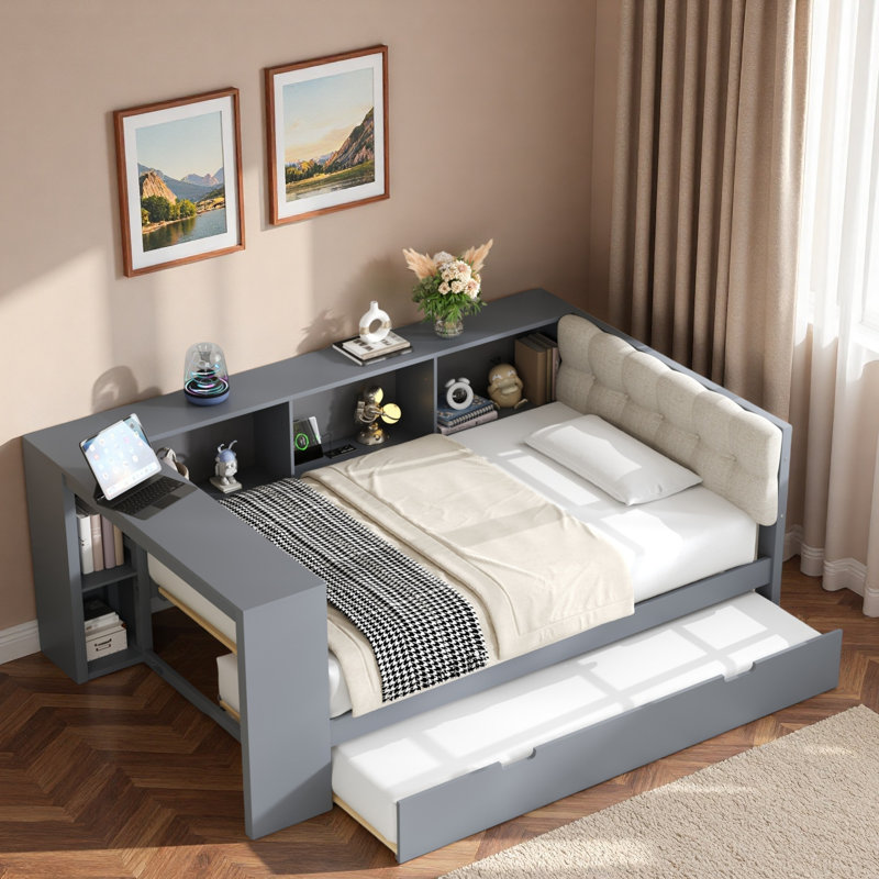 Lit plateforme avec tablettes de rangement, bureau, station de charge et tête de lit tapissier, Gris, Simple
