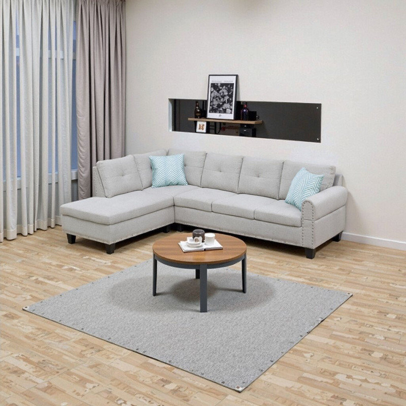 L-Shaped 4-Seater Sectional with Pull-Down Console & Ottoman Storage​, Light Grey