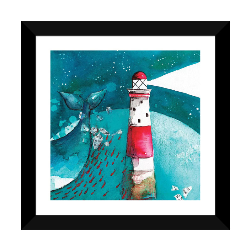 Baleine avec phare - impression, Papier encadré noir, Blanc, H 16 po x l 16 po x p 1 po