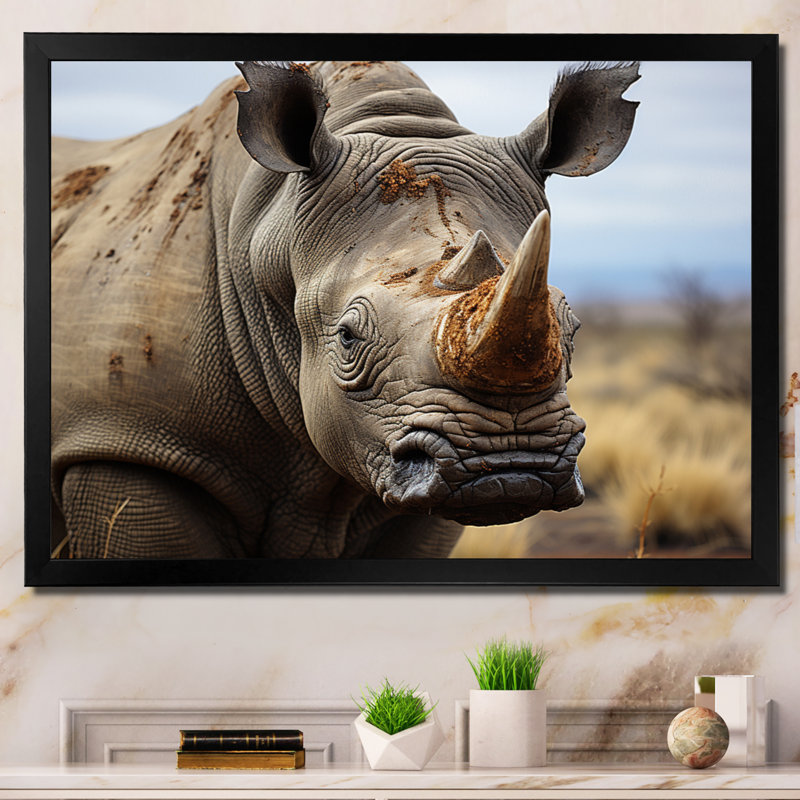 Rhinocéros, portrait monochrome, H 16 po x l 32 po x P 1 po, Cadre simple noir