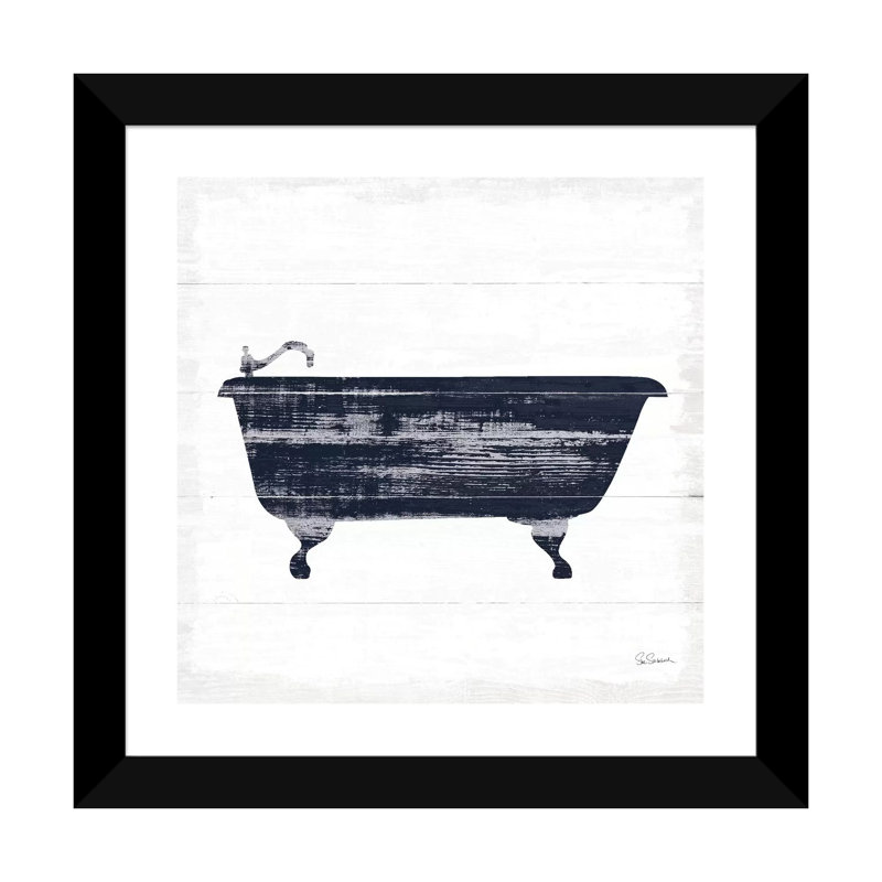 «Shiplap Bath I Navy» par Sue Schlabach - impression, H 24 po x l 24 po x p 1 po, Papier encadré noir