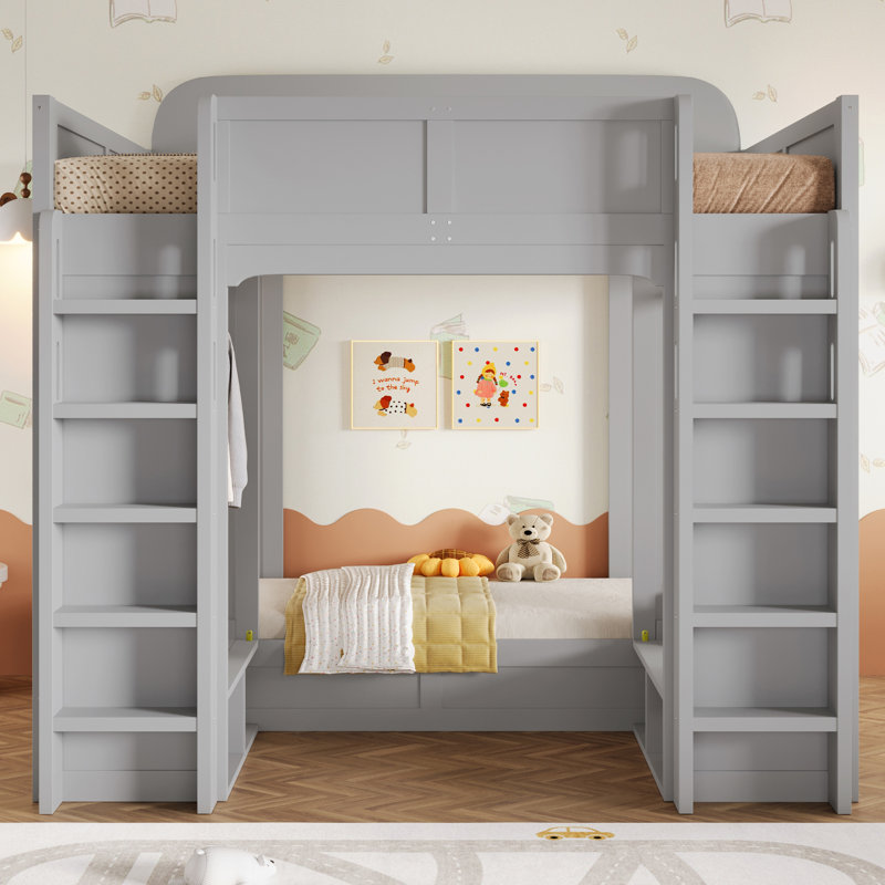 Lit superposé triple triple avec tablettes et crochets de rangement, simple + simple au-dessus de simple TG, lit pour enfant peu encombrant, gris