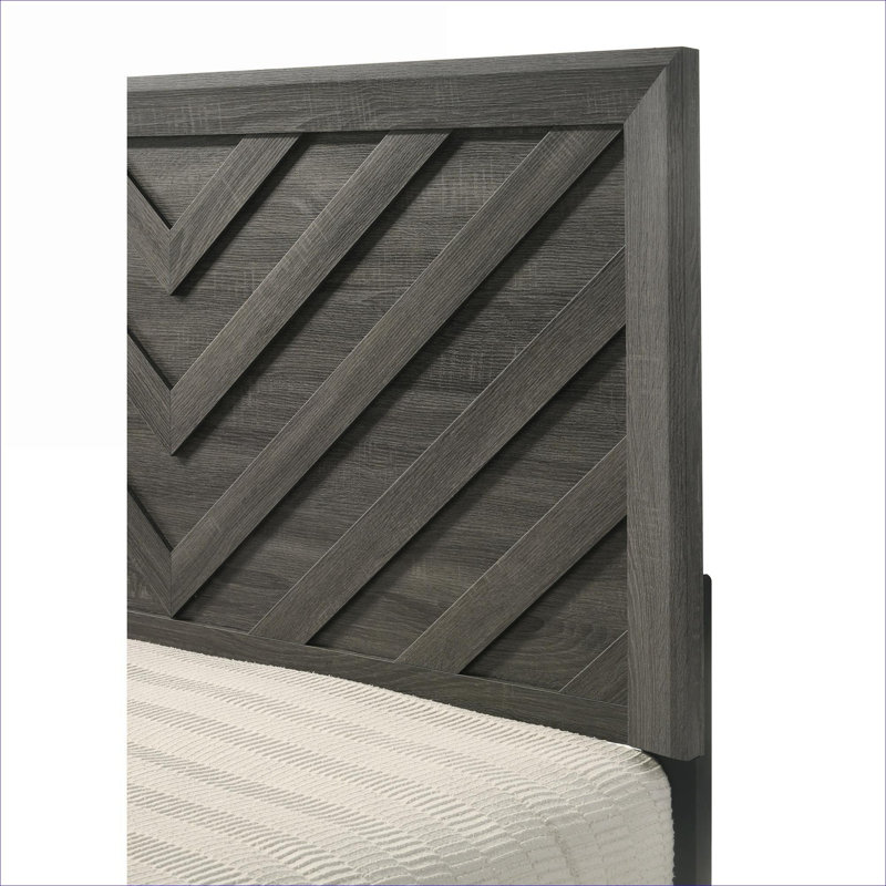 Cadre de lit double pour chambre à coucher avec finition rustique gris ardoise en bois massif et tête de lit à motif géométrique à chevrons