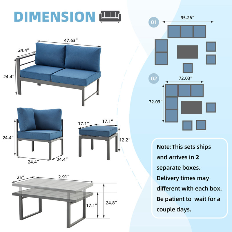 8 Seats Modern Outdoor Furniture With Adjustable Table, Blue