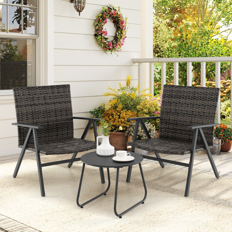 3 Piece Grey Patio Bistro Set Metal Frame Leisure Armchair & Table Set