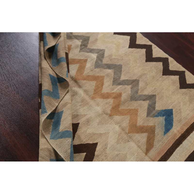 Tapis à motif de chevrons en laine de couleur naturelle Kilim 5 x 7
