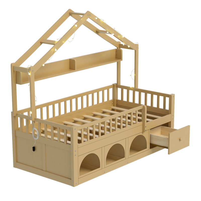 Cadre simple Bowe avec toit, lumière DEL, garde-corps de sécurité, tiroirs de rangement et casier, Natural