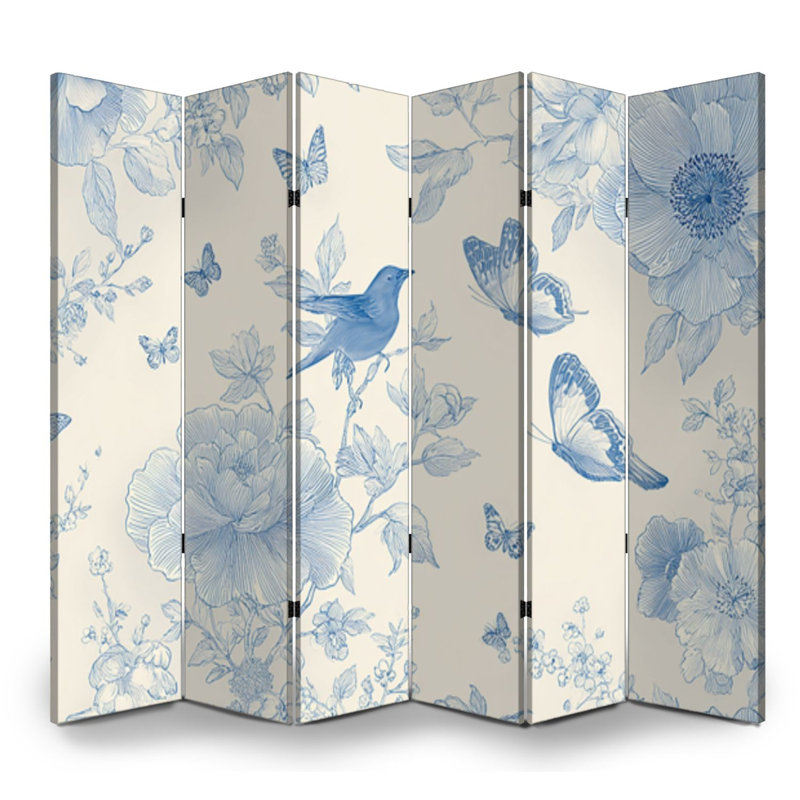 Cloison pliante 6 panneaux paravent Royal Floral Vintage Boho bleu crème fleurs blanches Oiseaux Toile Séparateur de cloison Autoportant Cloison de protection Cloison d'intimité