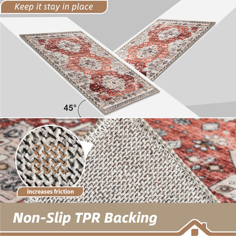 Vintage Medallion Low-Profile Indoor Doormat, 20''x32'', Red